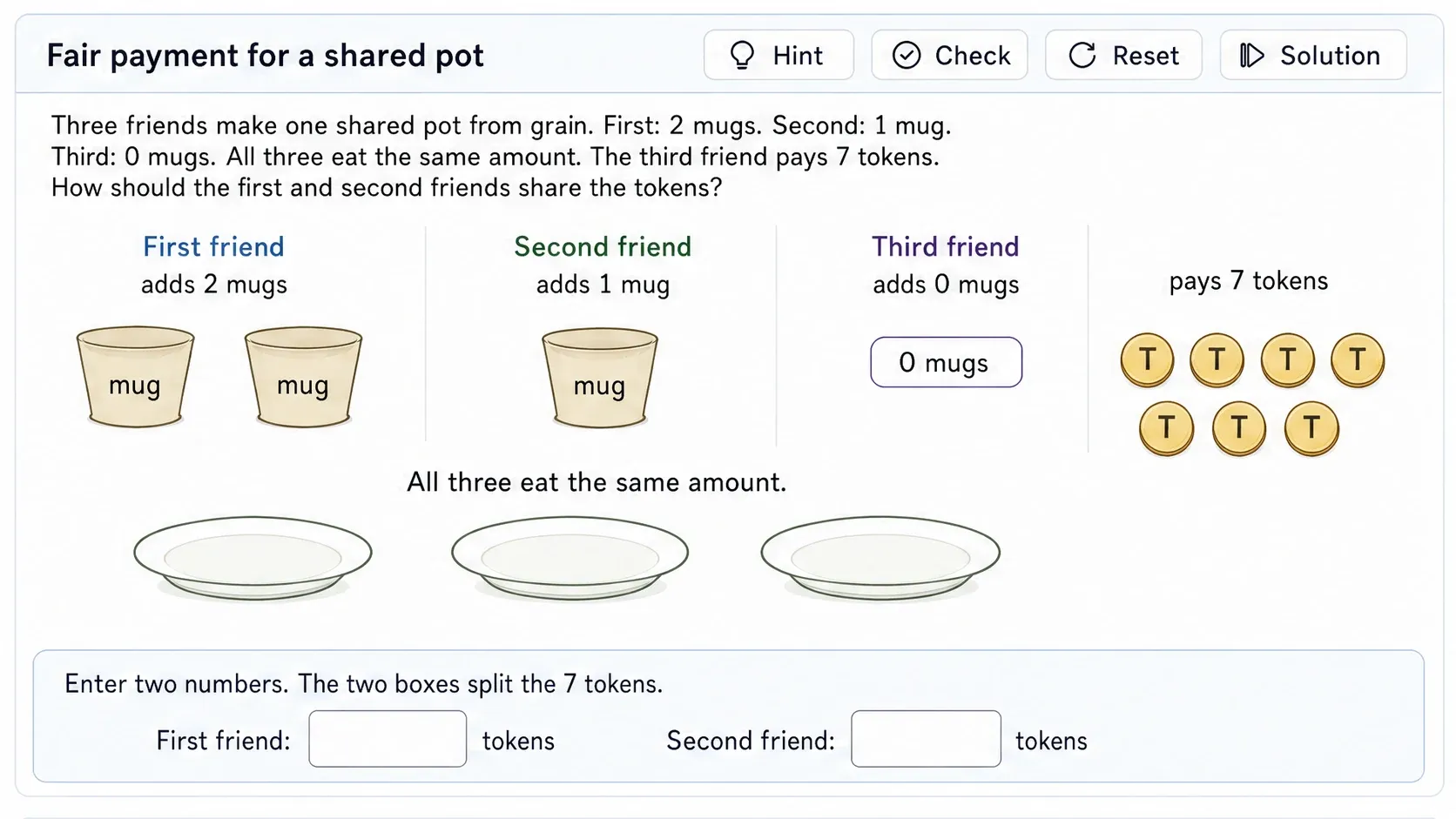 Moonlit porridge payment task setup with Layla, Misbah, a trader, equal bowls, and blank answer slots.